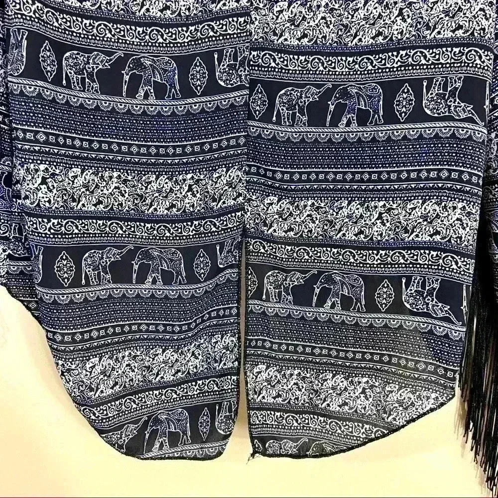 See You Monday Fringed Bell Sleeve Elephant Safari Boho Crop Back Split Top (M) - Picture 13 of 15